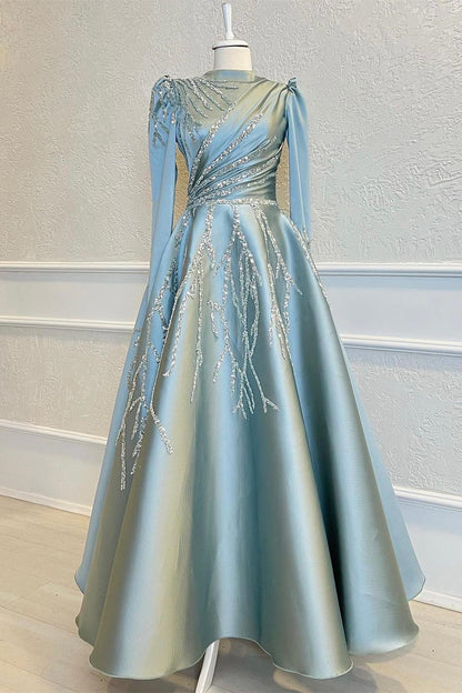 High Collar Long Sleeves A-Line Beads Prom Dress With Pleated Appliques