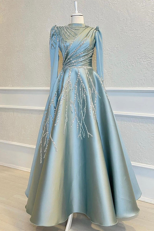 High Collar Long Sleeves A-Line Beads Prom Dress With Pleated Appliques