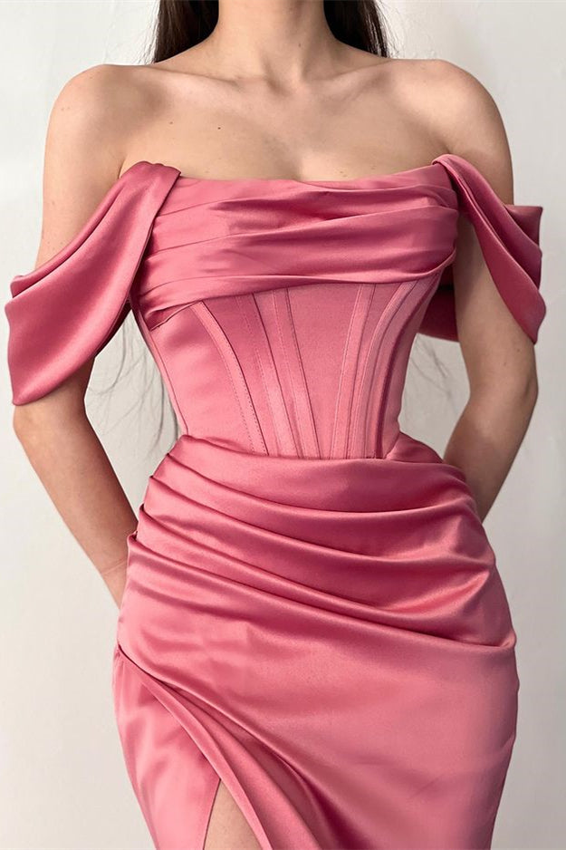 Off-The-Shoulder Dusty Rose Pleated Prom Dress Mermaid Split