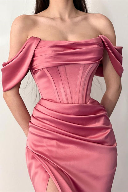 Off-The-Shoulder Dusty Rose Pleated Prom Dress Mermaid Split