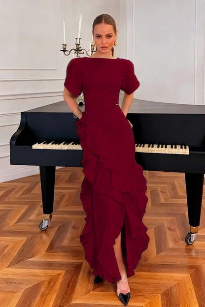 Charming Black Jewel Neck Short Sleeves Ruffles Split Evening Dress
