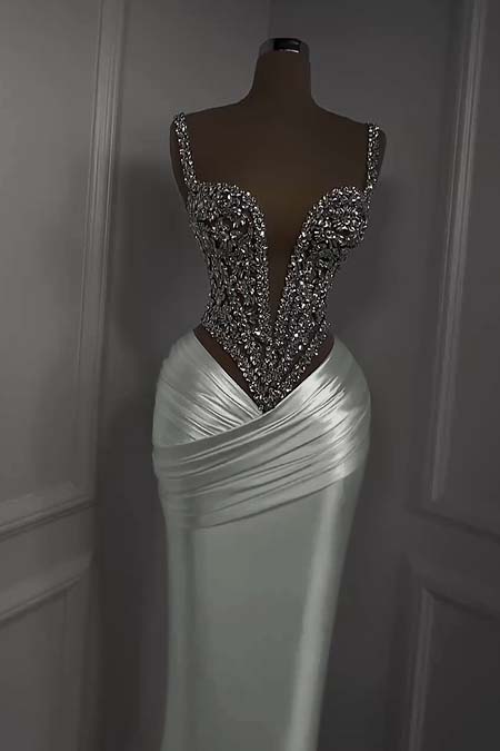 Charming White Satin Spaghetti Strap Sleeveless Pleated Prom Dress with Beadings