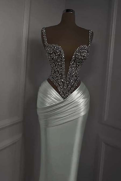 Charming White Satin Spaghetti Strap Sleeveless Pleated Prom Dress with Beadings