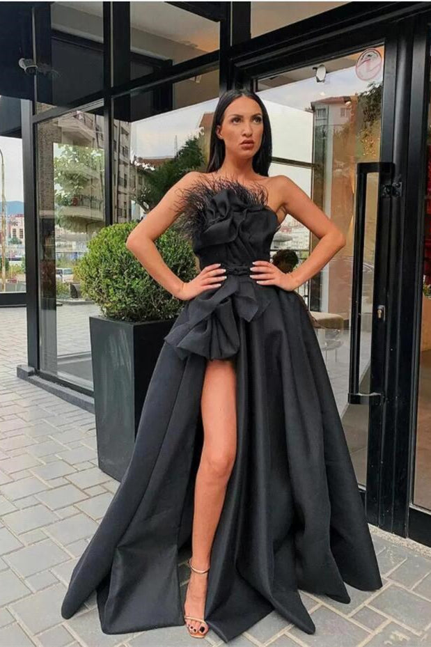 Long Black Prom Dress Slit With Feather