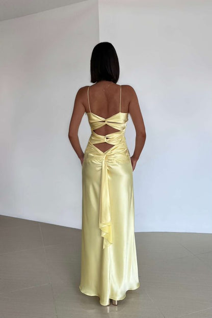 Low V-Neck Spaghetti Straps Satin A-Line Party Prom Dress