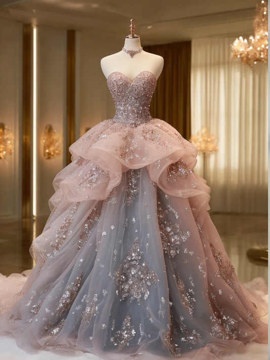 Gorgeous A-Line Long Prom Dresses Tulle Sequins Sleeveless Evening Dresses Sweetheart Birthday Dresses EP06115
