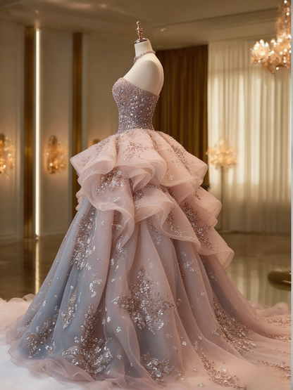 Gorgeous A-Line Long Prom Dresses Tulle Sequins Sleeveless Evening Dresses Sweetheart Birthday Dresses EP06115