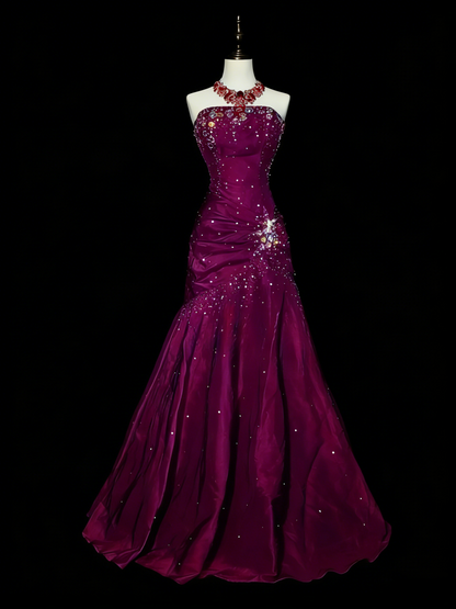 Glam Burgundy Long Prom Dresses Strapless Mermaid Evening Dresses Beaded Satin Sleeveless Formal Dresses EP06802