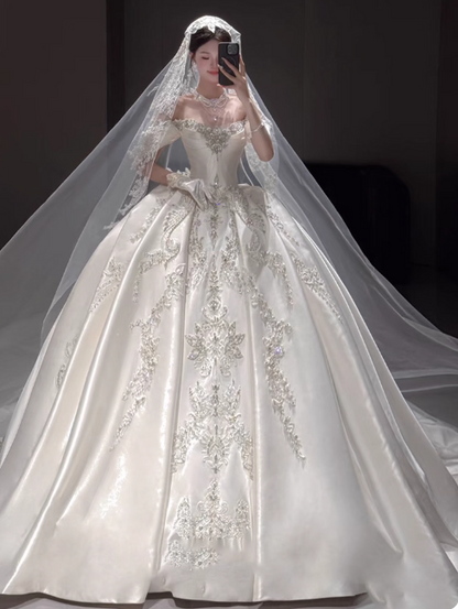 Off-the-shoulder Ball Gown White Wedding Dress Satin Beaded Bridal Dress Elegant Bridal Gown HZ1024