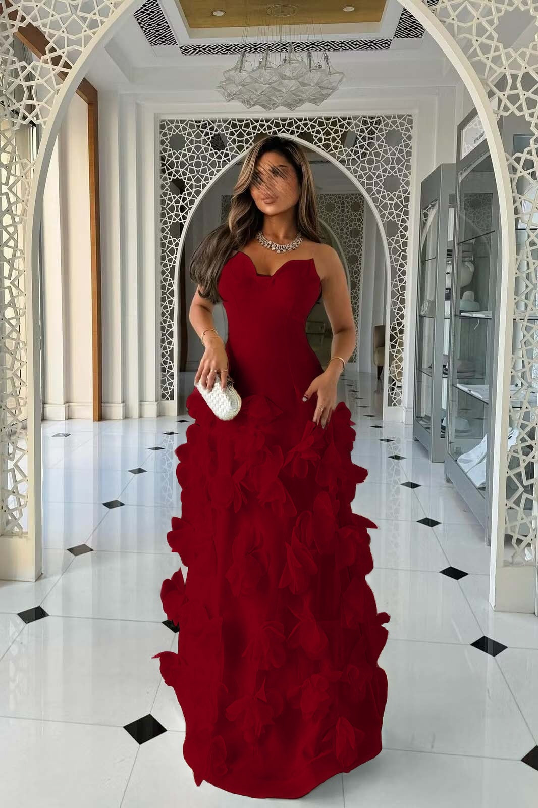 Daffodil Strapless Evening Dress Sleeveless Floor Length With Flower