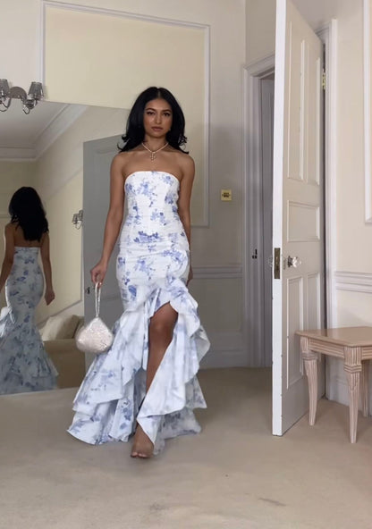 Cute Mermaid Strapless Blue Print Floral Ruffle Chiffon Prom Dress SH4573