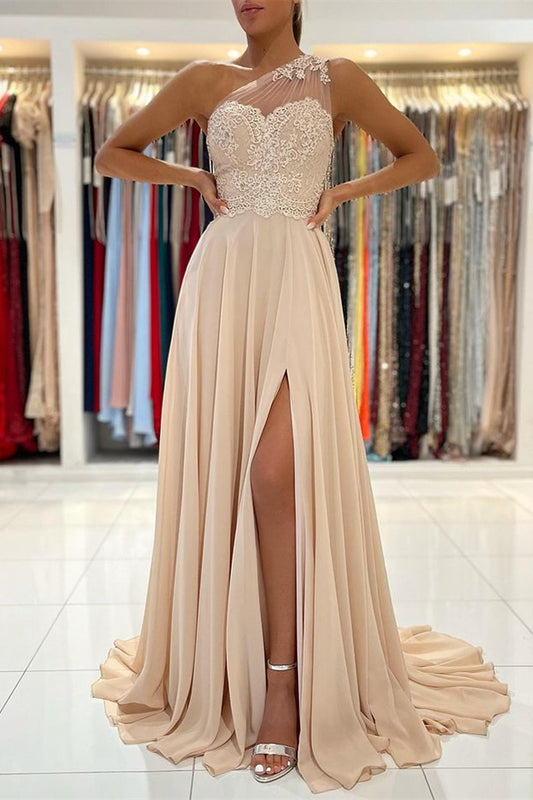 Glamorous One Shoulder Lace Appliques Prom Dress Front Slit