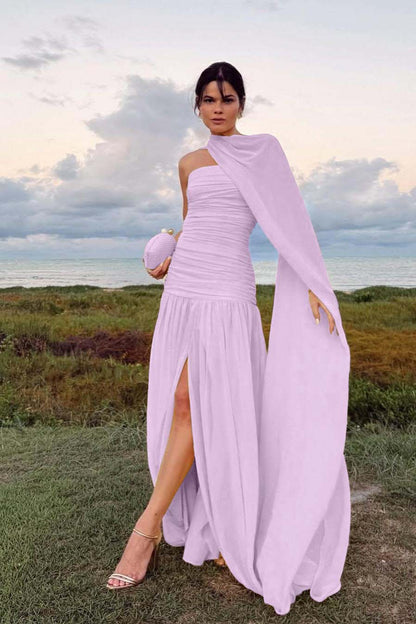 Elegant Daffodil Chiffon Strapless Sleeveless Split Prom Dress with Scarf