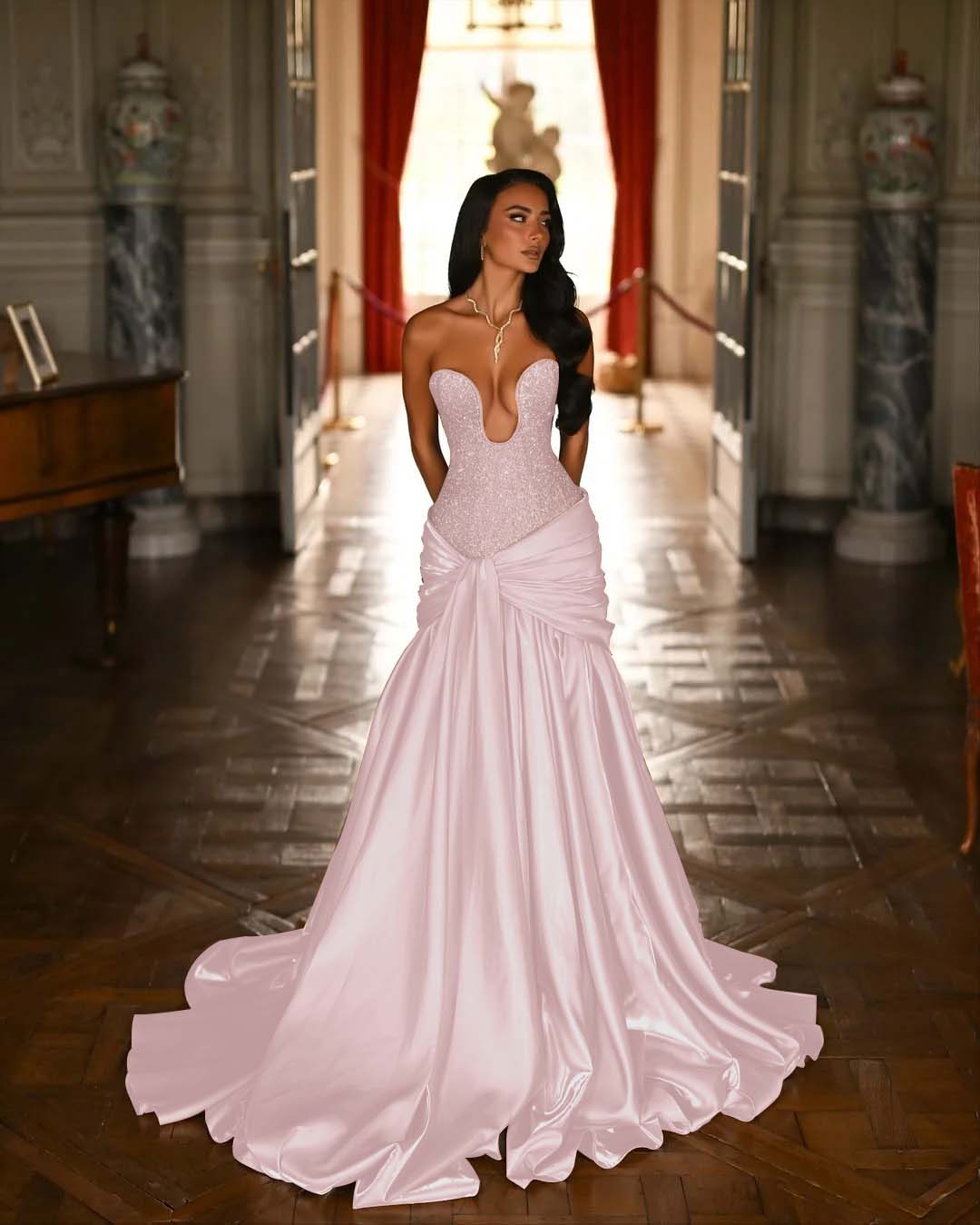 Sexy Sleeveless Deep V-Neck Strapless Long Prom Dress With Beaded Embroidery