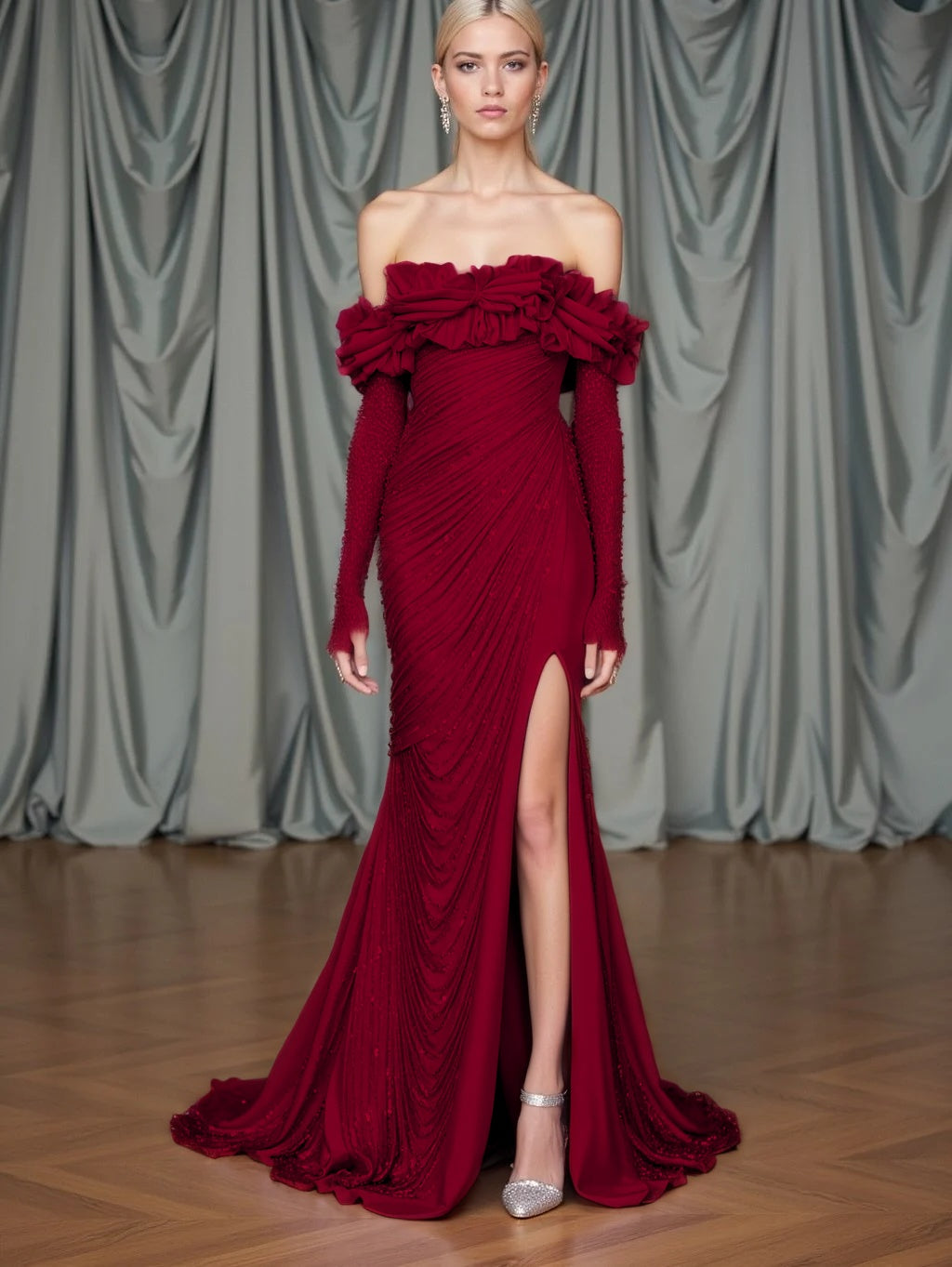 Long Sleeves Strapless Mermaid Slit Prom Dress With Sequins