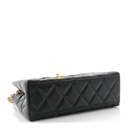 Shiny Aged Calfskin Quilted Nano Kelly Shopper Black