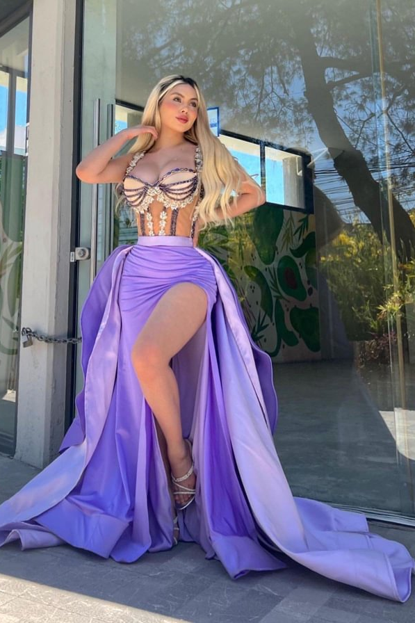 Purple Stunning Slit Satin Sleeveless  Prom Dress with Ruffles