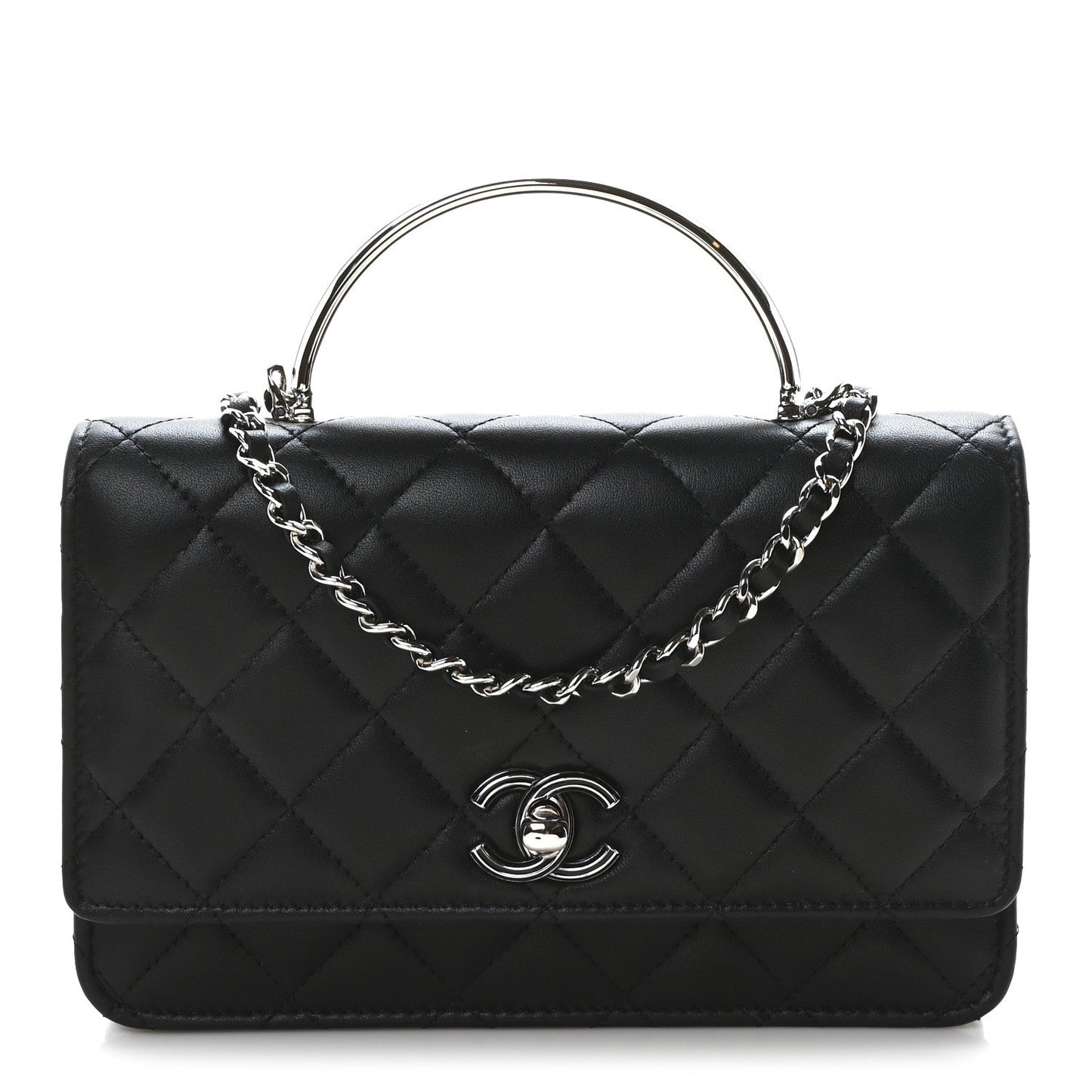 Lambskin Quilted Metal Top Handle Wallet On Chain WOC Black