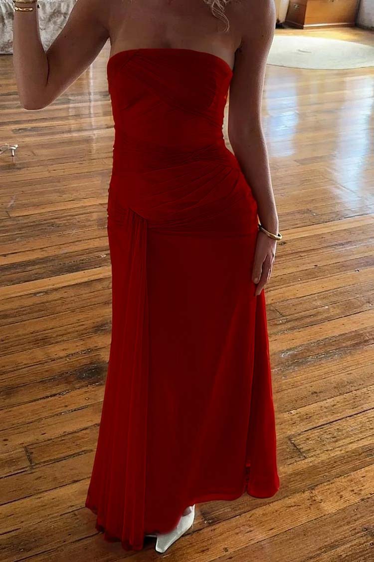 Chic Strapless Sleeveless Long Mermaid Prom Dress With Pleated