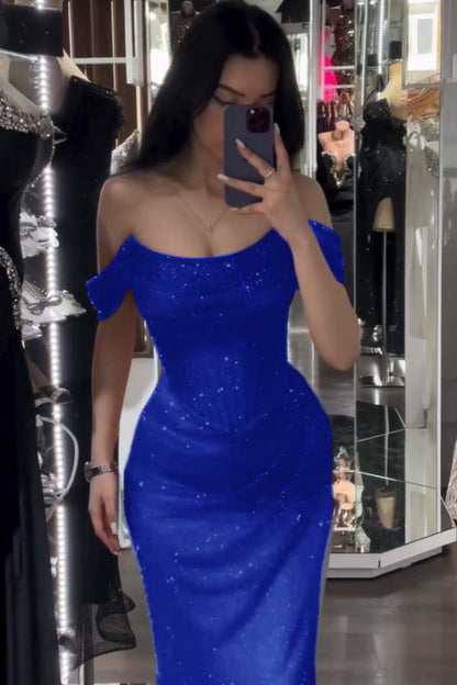 Charming Red Sparkling Off-The-Shoulder Slit Strapless Prom Dress