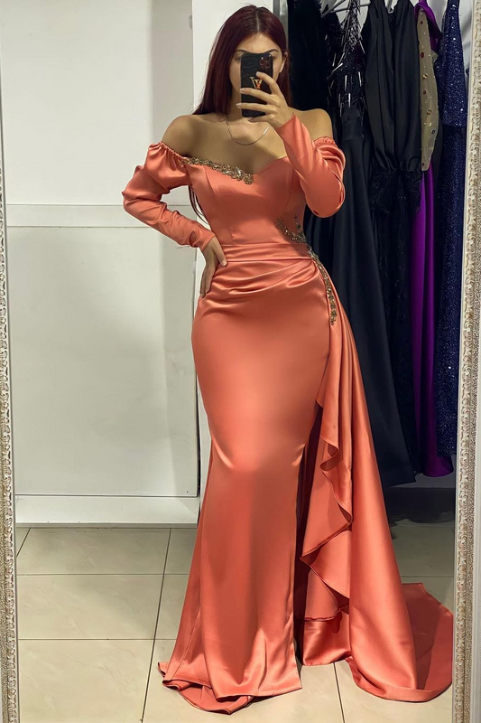 Long Sleeves V-Neck Beads Mermaid Pleated Prom Dress