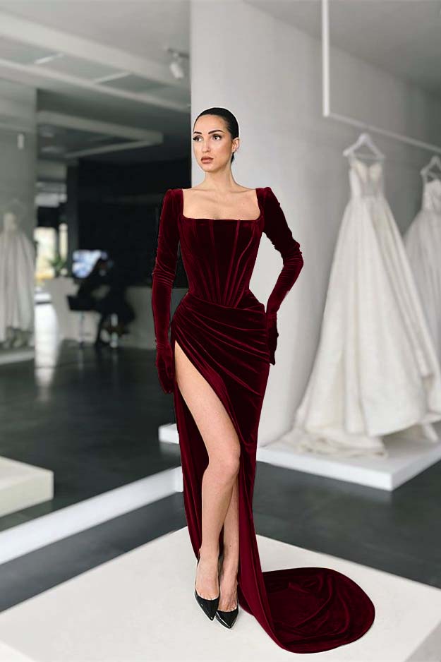Square Long Sleeves Prom Dress With Slit