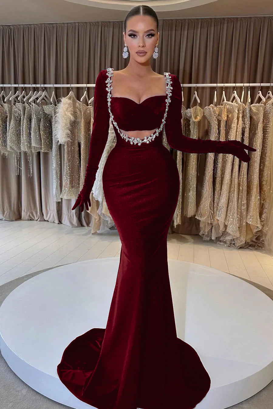 Black Long Sleeve Beaded Charming Mermaid Prom Dress With Gloves