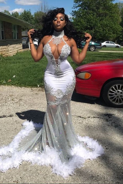 Halter Neck Mermaid Prom Dress Waist-Skimming With Appliques Feathers