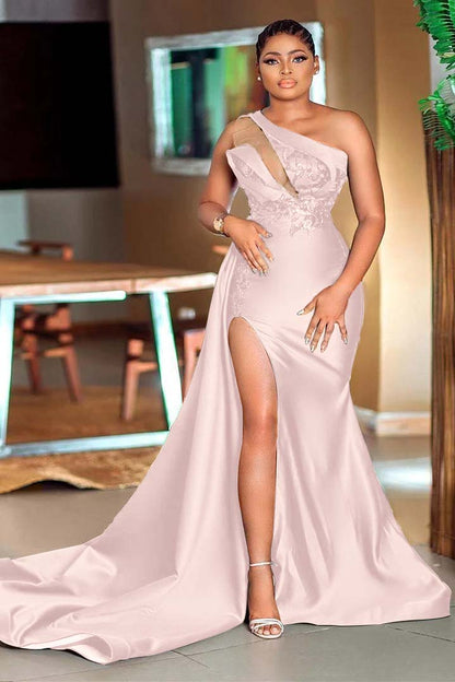 One-Shoulder Mermaid Sequins Green Prom Dress With Slit