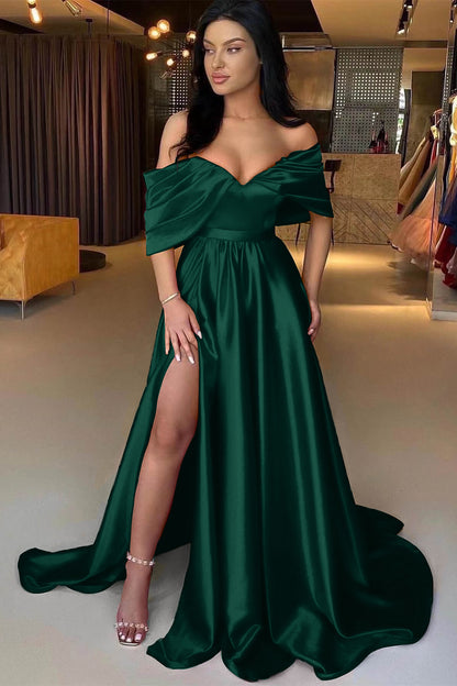 Red A Line Off The Shoulder Prom Dress Split
