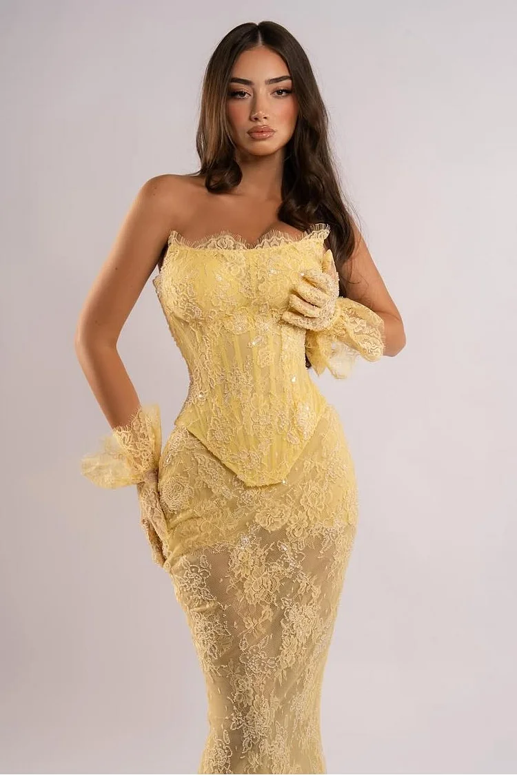 Strapless Sleeveless Long Mermaid Evening Dress With Lace Embroidery Gloves