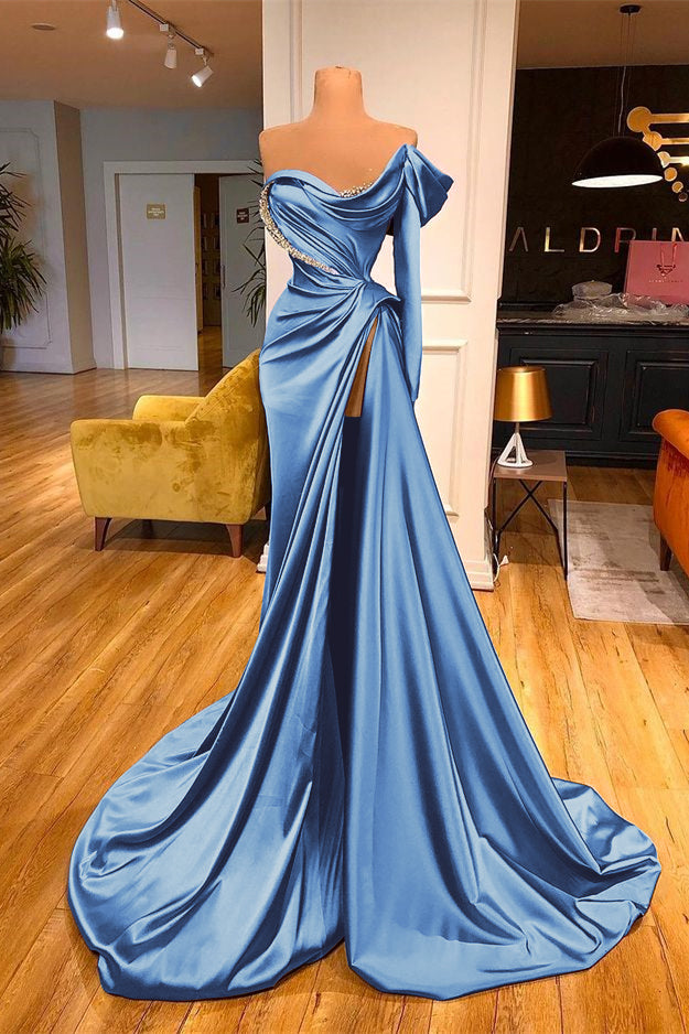 One-Shoulder Purple Long Sleeves Beadings Evening Dress Split Mermaid