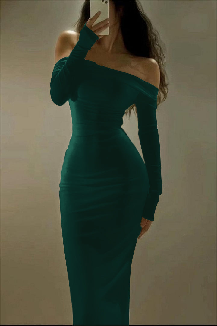 Chic Satin Ivory Long Sleeves Off the Shoulder Long Prom Dress with Pleated