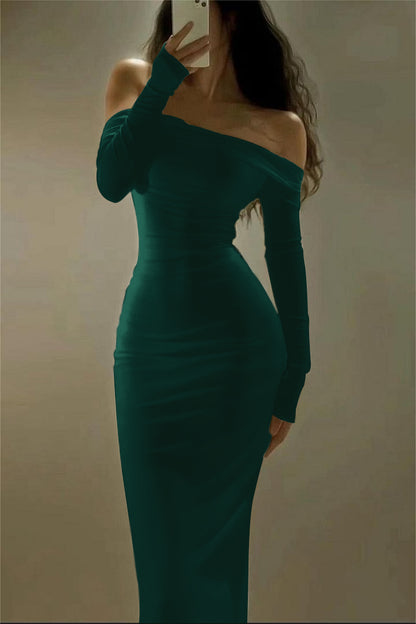 Chic Satin Ivory Long Sleeves Off the Shoulder Long Prom Dress with Pleated