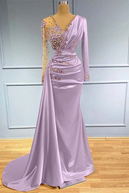 Long Sleeves Beadings Prom Dress V Neck Mermaid