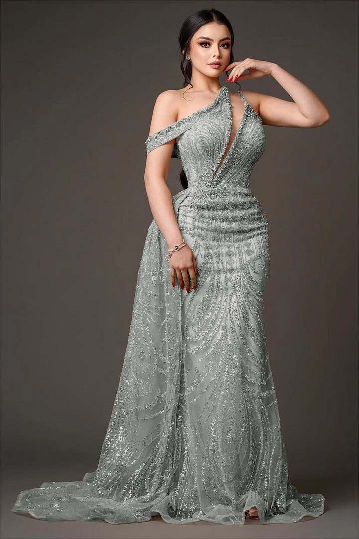 One-Shoulder Sleeveless Beaded Embroidery Mermaid Prom Dress