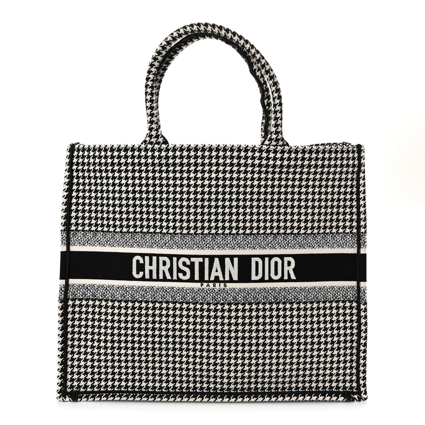 Canvas Houndstooth Embroidered Large Book Tote Black White