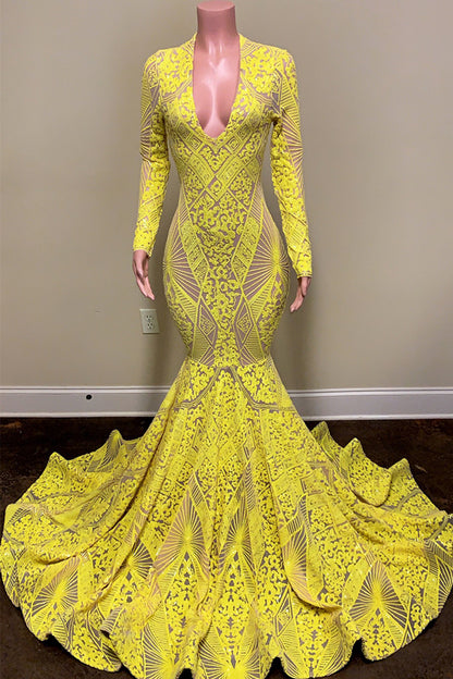 Bright Yellow Long Sleeves Mermaid Prom Dress Sleeveless Trumpet