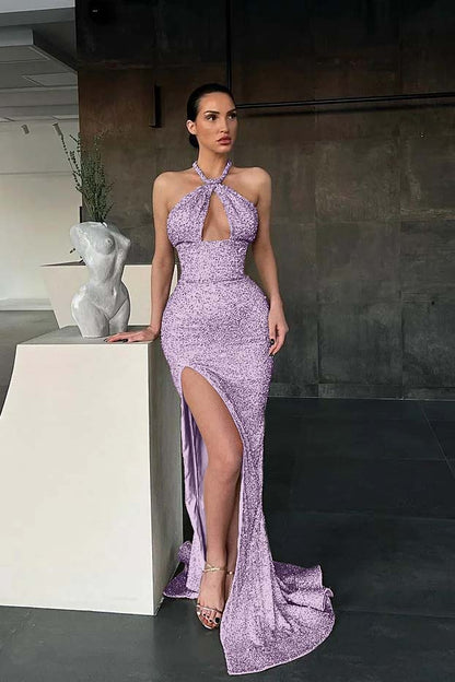 Sleeveless Halter Long Sequins Mermaid Evening Dress With Slit