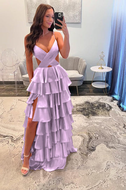 Stunning Red Spaghtti Strap V Neck Sleeveless Split Prom Dress with Ruffles