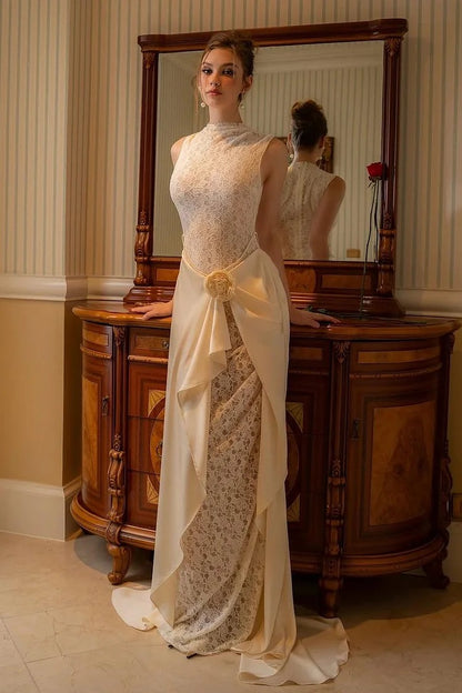 High Neck Sleeveless Mermaid Evening Dress With Lace Embroidery