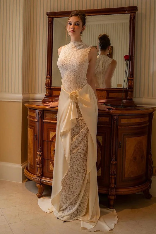 High Neck Sleeveless Mermaid Evening Dress With Lace Embroidery