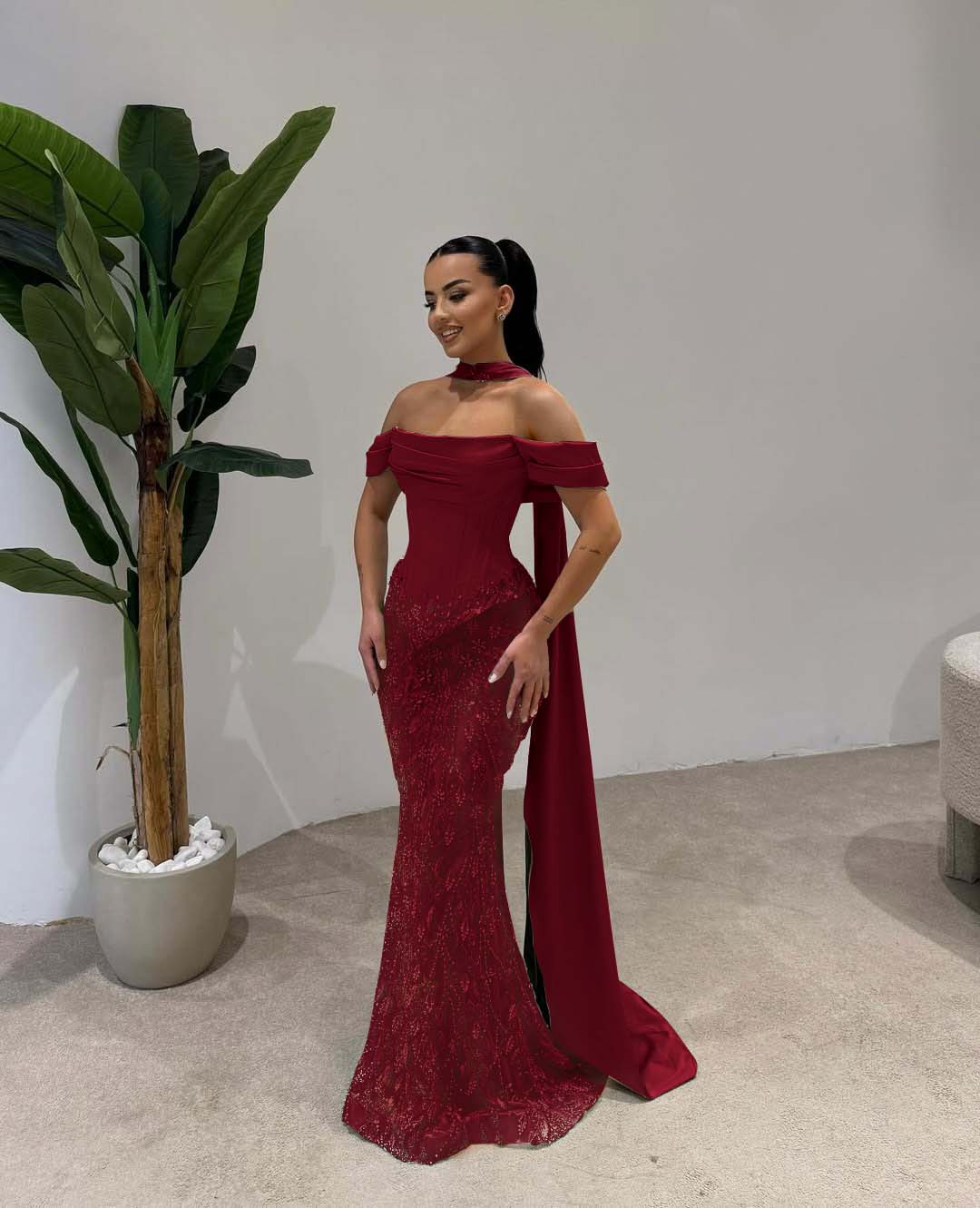 Off Shoulder Beads Mermaid Square Prom Dress With Scarf