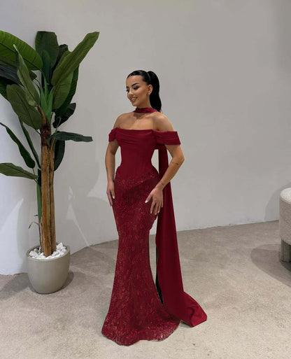 Off Shoulder Beads Mermaid Square Prom Dress With Scarf