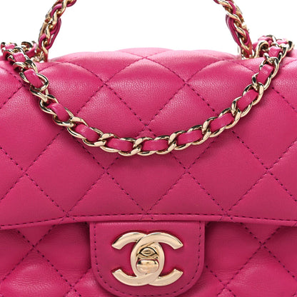 Lambskin Quilted Mini Crystal Top Handle Rectangular Flap Dark Pink
