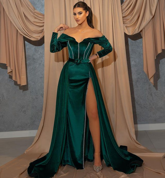 Dark Green Front Split Mermaid Sweetheart Prom Dress With Belts Long Sleeves