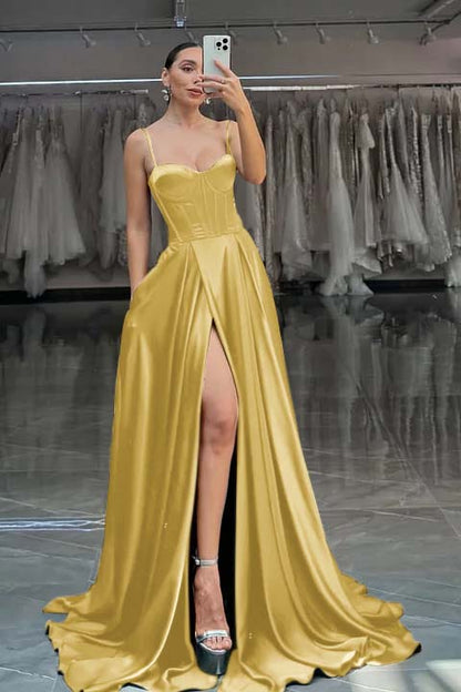 Red Spaghetti Straps A-Line Long Prom Dress With Pleated