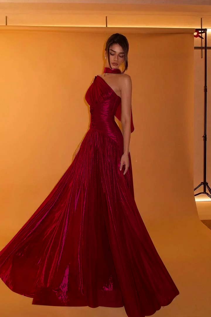 Charming One Shoulder Sleeveless Beaded Pleated Eevening Dress with Scarf