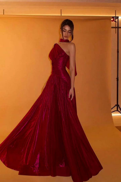 Charming One Shoulder Sleeveless Beaded Pleated Eevening Dress with Scarf