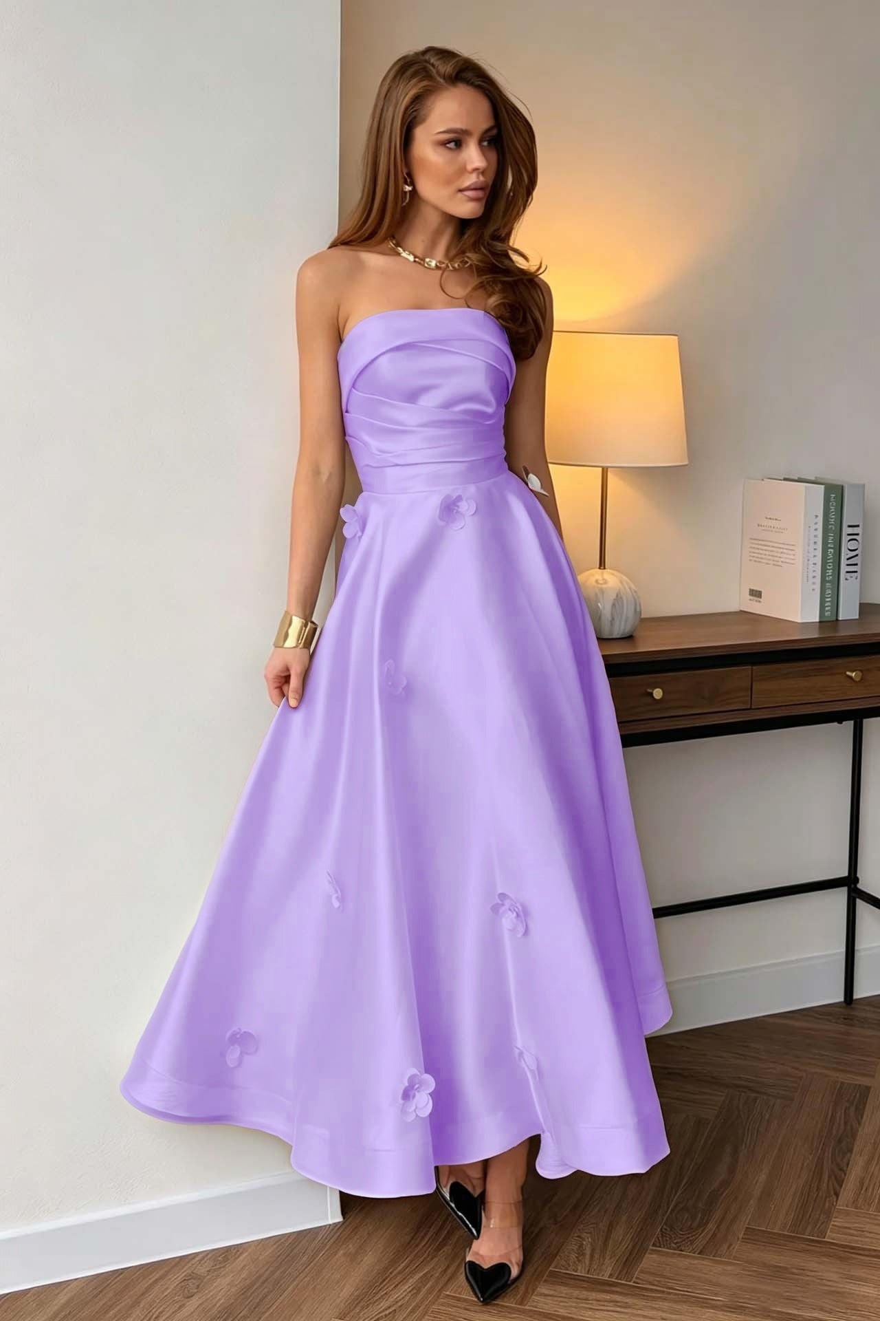 Black Strapless A-Line Evening Dress Sleeveless in Satin with Flower